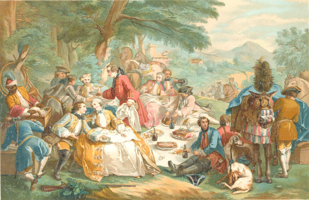 18TH CENTURY FRANCE. A Shooting Party at Lunch. Chromolithograph 1876 print